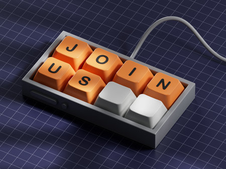 Join us word on computer keyboard keys on wood table copy space 3d rendering on blue background
