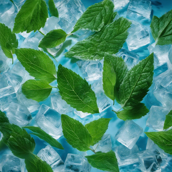 menthol leaves next to ice, blue, bright