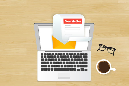 Newsletter illustration with laptop placed on realistic wooden background top view with cup of coffee and eyeglasses