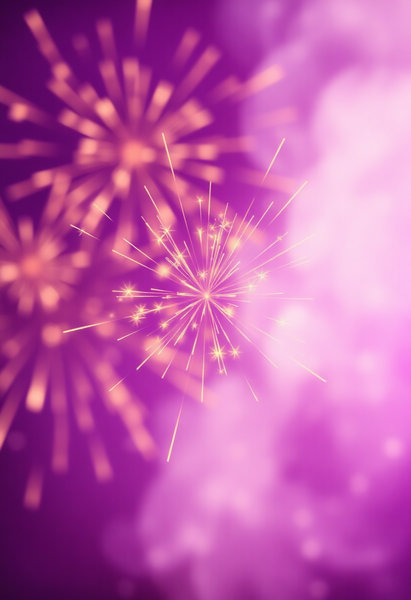 A dynamic photo of gold fireworks over a soft purple background. There should be many small firework bursts in the center of the image with bokeh and streamers in the background framing the firework bursts.