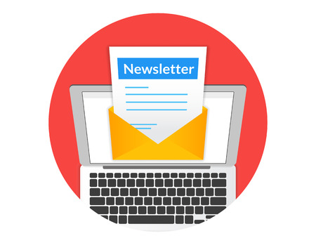 Newsletter illustration with laptop isolated round red icon Stock Photo