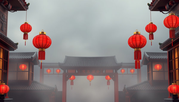 中式 背景 紅色 有燈籠在兩邊  寫實 有窗戶