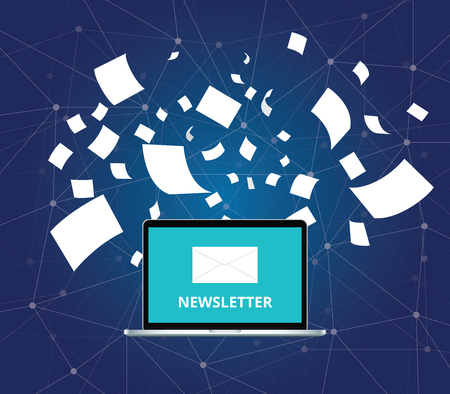 Newsletter with letter and laptop notebook and paper flying as background vector graphic illustration Stock Photo