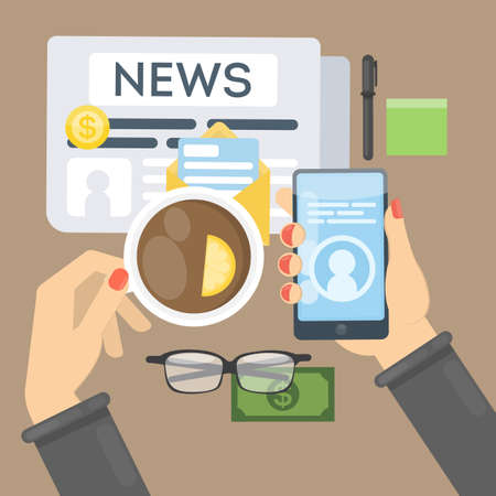 Newspaper and eyeglasses pencil and letter coffee and sticker on desk hands holding phone