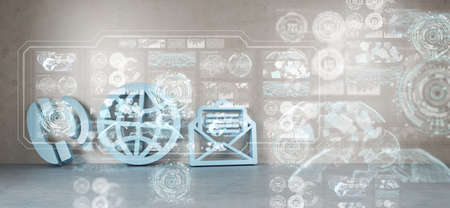 Contact icons with digital web interface in modern interior 3d rendering